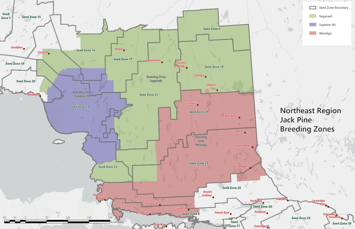 A map of the northeastern Ontario region Jack Pine breeding zones. There are seven breeding zones shaded on the map with various colours.