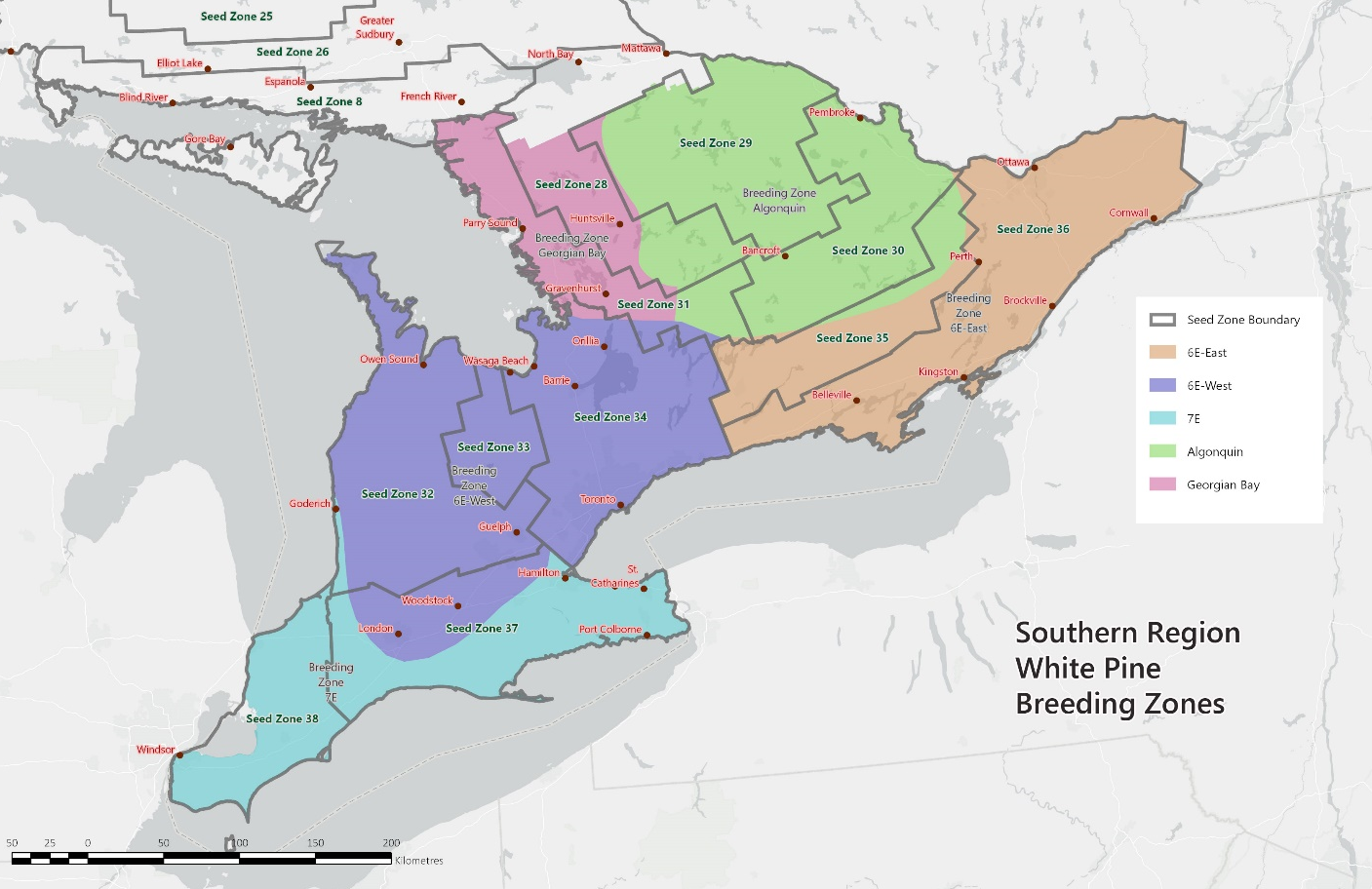 A map of the southern Ontario region White Pine breeding zones. There are seven breeding zones shaded on the map with various colours.