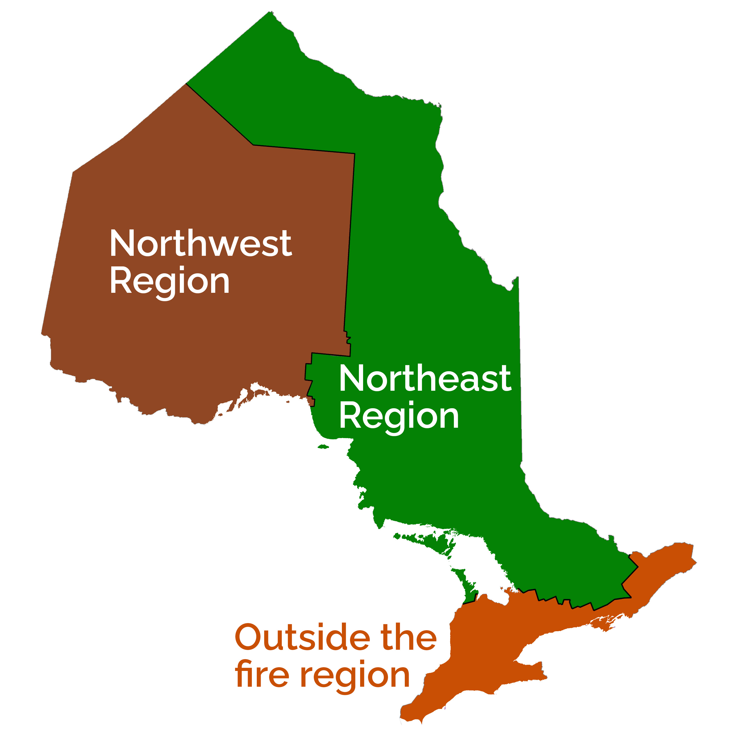 The northwest region is north and west of Sault Saint Marie, the east region is east of Sault Saint Marie, areas south of Owen Sound and Ottawa are outside the fire region.