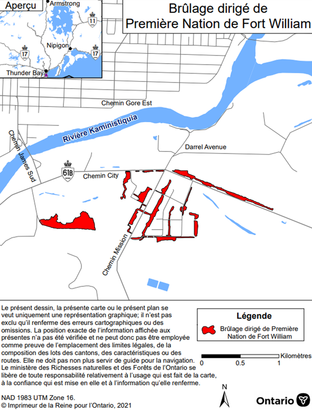 Carte montrant l'aire de brûlage dirigé de la Première Nation de Fort William 
– District de Thunder Bay. 'aire de brûlage est en rouge et se situe dans les environs des chemins Mission et City.
