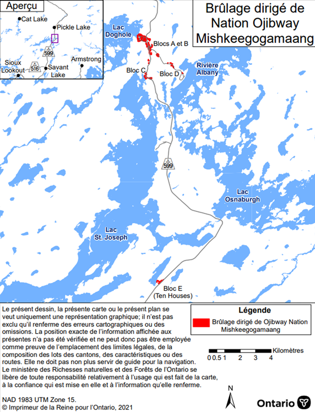 Carte montrant l'aire de brûlage dirigé de la Première Nation indépendante Mishkeegogamaang, district de Sioux Lookout. L'aire de brûlage est en rouge et se répartit en divers endroits près de l'autoroute 599, surtout entre le lac Doghole et la rivière Albany.
