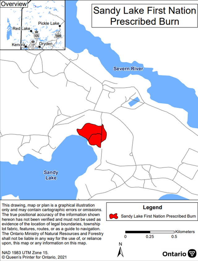 Map showing the prescribed burn area for Sandy Lake First Nation– Sioux Lookout District. The area to be burned is shown in red and is located off the northeast side of Sandy Lake.