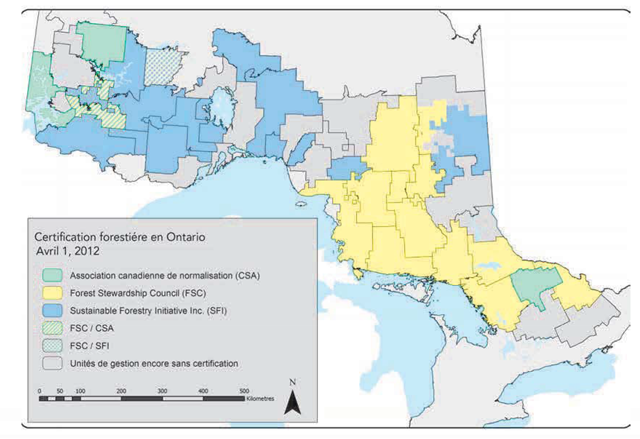 Une carte montrant la certification de la gestion forestière en Ontario