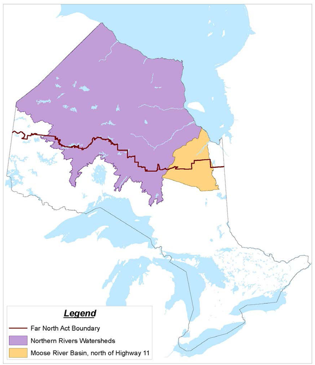 map showing Far North Act boundary, Northern Rivers and Moose River Basin