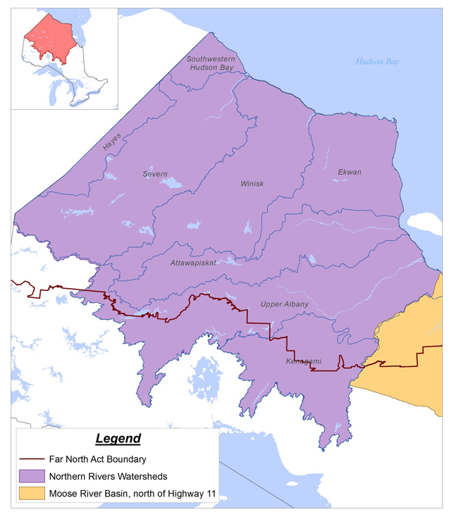 map showing Northern Rivers watersheds, Far North Act boundary and Moose River Basin
