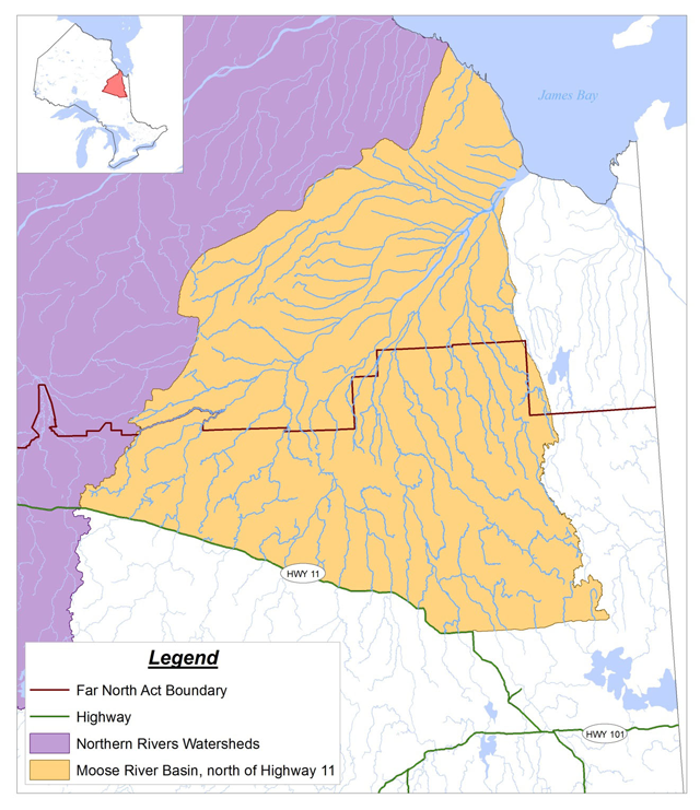 map showing Moose River Basin, Far North Act boundary and Northern Rivers Watersheds.