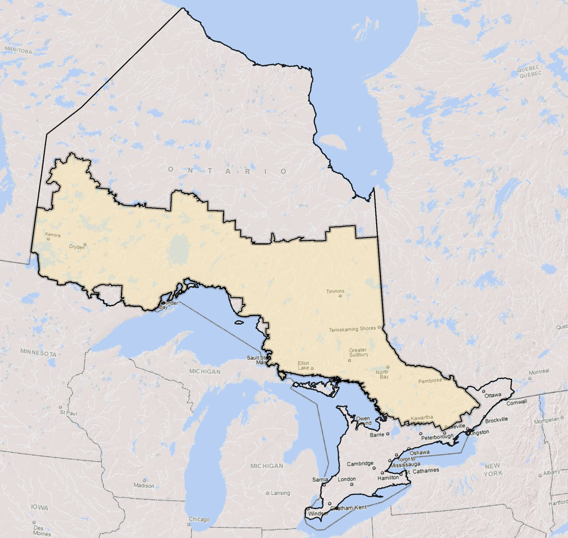 Carte de l’Ontario montrant les frontières de la région visée. 