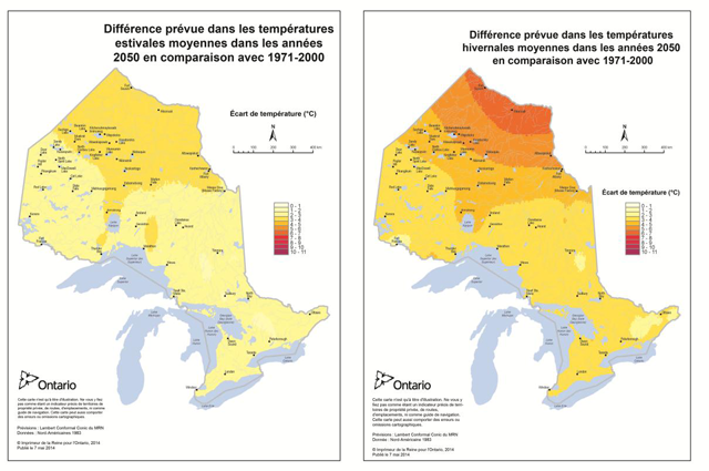 la différence projetée entre les températures moyennes estivales et hivernales en Ontario