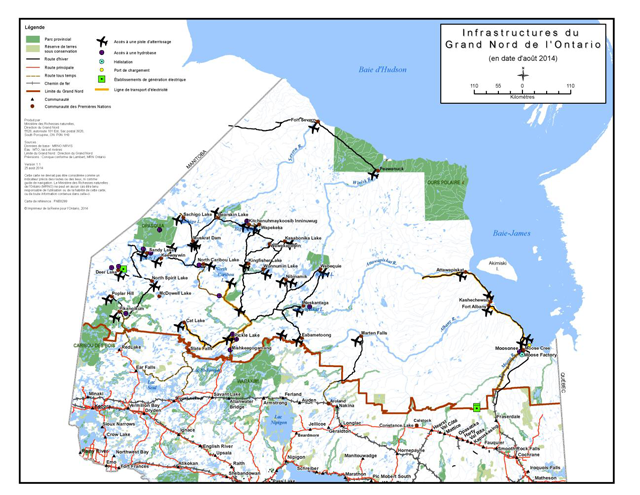 Une carte montrant les infrastructures dans l’extrême nord de l’Ontario