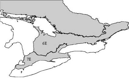 black and white figure of Southern Ontario featuring Site Regions 6E and 7E.