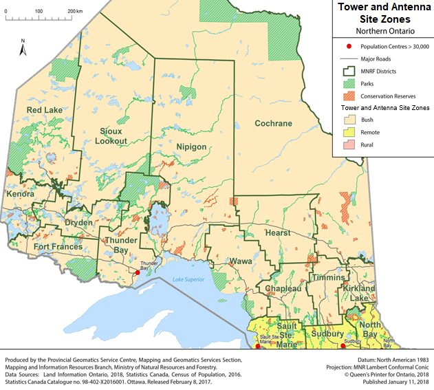 This map depicts tower and antenna site zones in the northern portion of Ontario north of the city of Sault Ste. Marie. The map shows the bush zone and a portion of the remote zone.