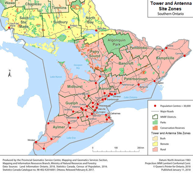 This map depicts tower and antenna site zones in the southern portion of Ontario including and south of the Ministry’s Sault Ste. Marie, Sudbury and North Bay MNRF administrative districts. The map shows the rural zone, the remote zone and a portion of the bush zone as well as the population centres.
