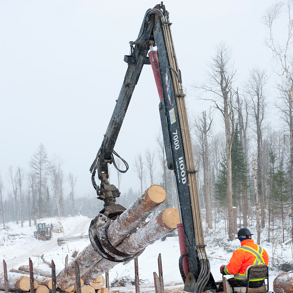 A person operating a log loader, outdoors in the winter to stack logs on a truck.