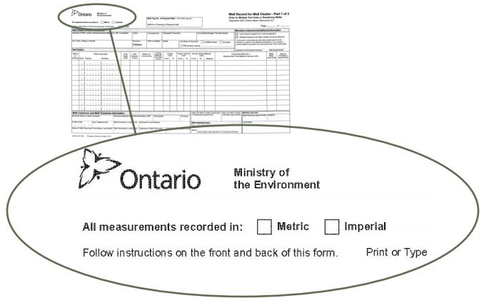 Photograph of a Well Record for a Well Cluster form. Magnification of the type of measurements (Imperial or Metric) section of the Well Record for Well Cluster form.