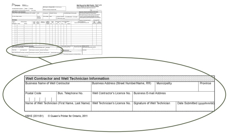 Photograph of a Well Record for a Well Cluster form. Magnification of the Well Contractor and Well Technician section of the Well Record for Well Cluster form.