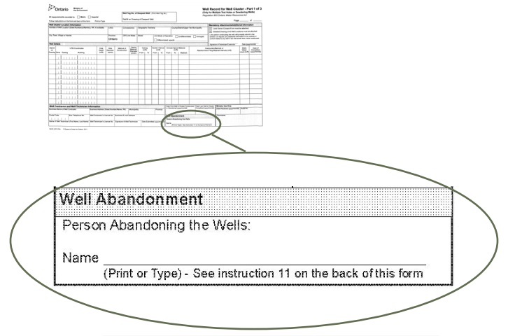 Photograph of a Well Record for a Well Cluster form. Magnification of the Person Abandoning the Well section of the Well Record for Well Cluster form.