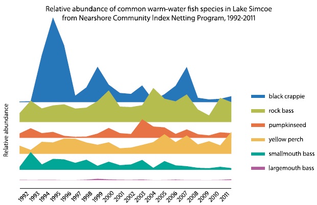 This graph shows the relative abundance of common warm-water fish in Lake Simcoe from the Nearshore Community Index Netting Program between 1992 and 2011. The fish identified are rock bass, black crappie, pumpkinseed, yellow perch, smallmouth bass, and largemouth bass. The graph shows that invasive species can cause change in relative abundances over time; however no clear trend is evident.