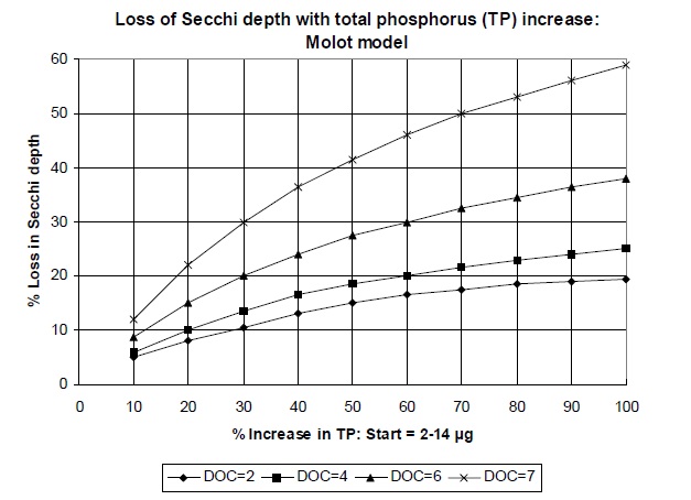 Graph showing the predicted response of Secchi depth to a 10 to 100 percent increase in total phosphorus concentrations, from initial concentrations of 2 to 14 micrograms per liter.  The relationship is shown for four dissolved organic carbon levels (2, 4, 6, and 7 milligrams per liter). At all dissolved organic carbon levels, the percent loss in Secchi depth increases with increasing Total Phosphorus concentrations