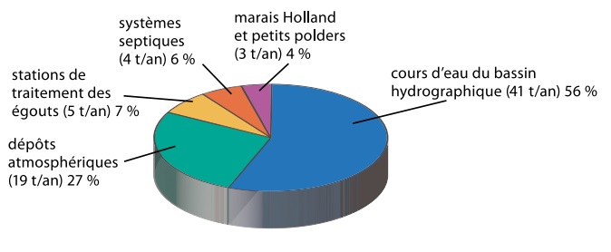 Ce diagramme circulaire montre les sources estimées de la charge de phosphore dans le lac Simcoe pour les années 2002 à 2007. Ces sources sont : les stations de traitement des eaux usées représentant 5 tonnes par année ou 7 %, les fosses septiques représentant 4 tonnes par année ou 6 %, le marais Holland et les petits polders représentant 3 tonnes par année ou 4 %, les cours d’eau du bassin hydrographique représentant 41 tonnes par année ou 56 % et les dépôts atmosphériques représentant 19 tonnes par année ou 27 %.
