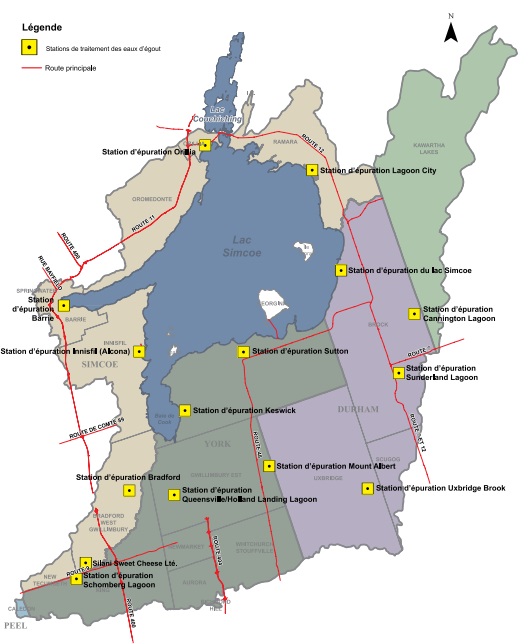 Cette carte montre l’emplacement de toutes les stations de traitement des eaux usées dans le bassin hydrographique du lac Simcoe. On compte 11 stations : Innisfil (Alcona), Barrie, Orillia, Lagoon City, du lac Simcoe (du côté nord-est du lac), Cannington Lagoon, Sunderland Lagoon, Sutton, Mount Albert, Uxbridge Brook, Keswick, Queensville/Holland Landing, Bradford, Schomberg Lagoon et Silani Sweet Cheese.
