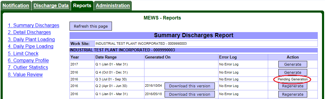 Screen capture of the Reports – Summary Discharges Report page showing a “Pending Generation” message.