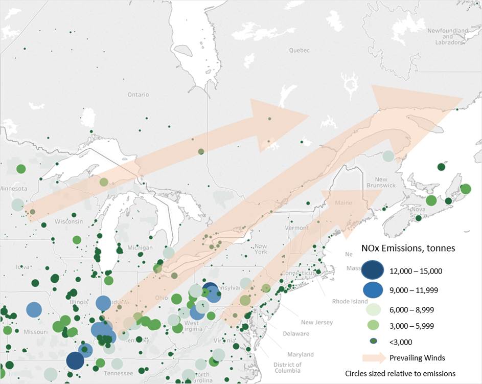 Figure 21 is a map showing 2016 nitrogen oxides emissions from electricity generators located in eastern United States and Canada with prevailing winds during smog season.