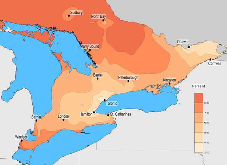 Figure 22 is a map showing transboundary influences on Ontario’s annual average fine particulate matter concentrations.