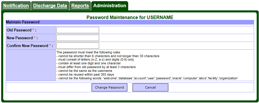 Screen capture of the Password Maintenance page.