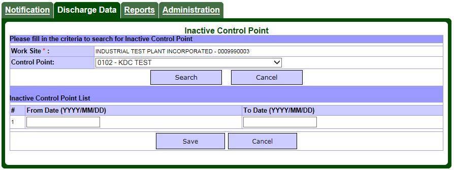 Screen capture of the Inactive Control Point page with From and To date entry forms.