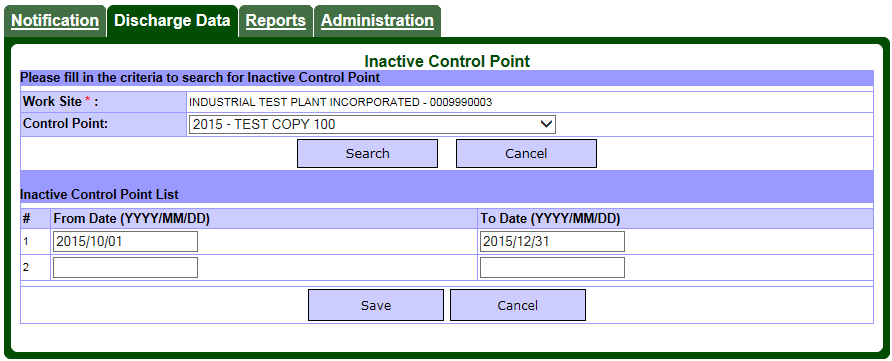 Screen capture of the Inactive Control Point page with From and To date entry forms filled with example dates.