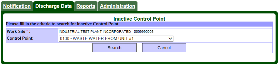 Screen capture of the Inactive Control Point page with control point selection pick list.