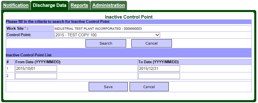 Screen capture of the Inactive Control Point page with From and To dates.