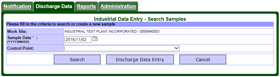 Screen capture of the Industrial Data Entry – Search Samples page.