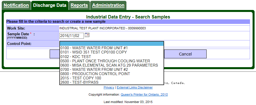 Screen capture of the Industrial Data Entry – Search Samples page with Control Point pick list.