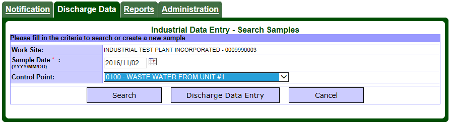 Screen capture of the Industrial Data Entry – Search Samples page with a selected date and control point.