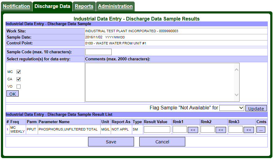 Screen capture of the Industrial Data Entry – Discharge Data Sample Results page for a given date and control point.