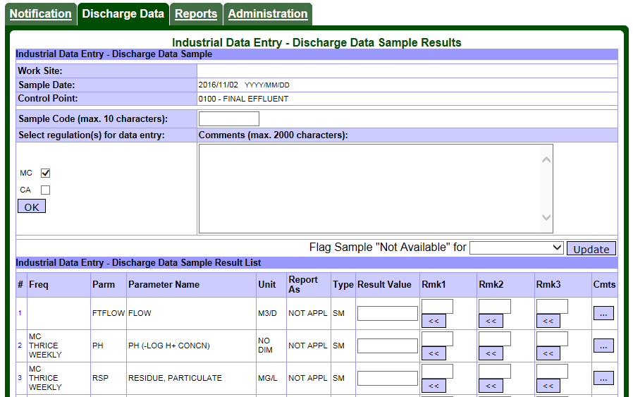 Screen capture of the Industrial Data Entry – Discharge Data Sample Results page with Municipal/Industrial Strategy for Abatement Compliance check box selected.