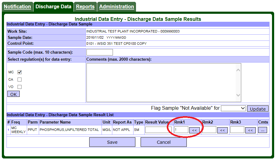 Screen capture of the Industrial Data Entry – Discharge Data Sample Results page showing a no recorded data “!” remark code for a sample.