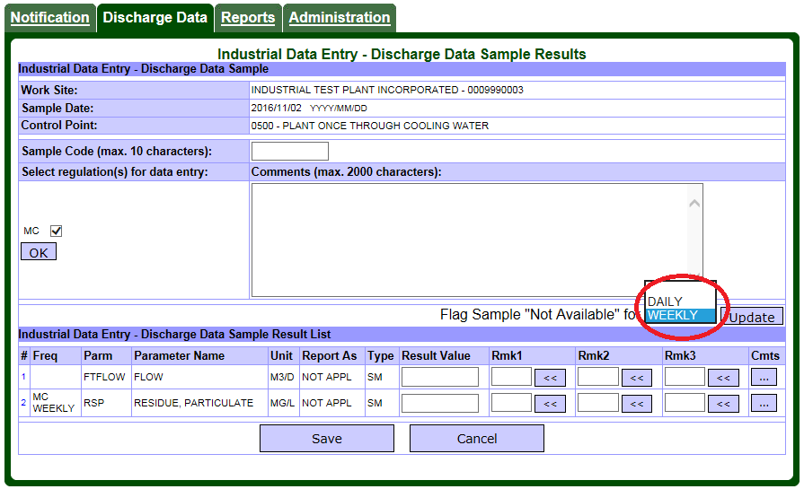 Screen capture of the Industrial Data Entry – Discharge Data Sample Results page with a Flag Sample “Not Available” pick list set to Monthly.