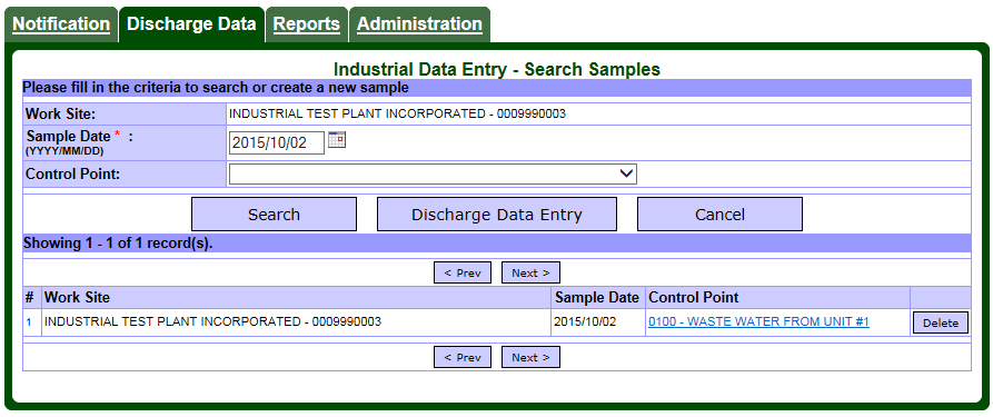 Screen capture of the Industrial Data Entry – Search Samples page showing a list of control points with sample data for a given date.