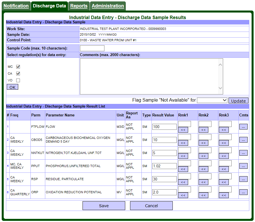 Screen capture of the Industrial Data Entry – Discharge Data Sample Results page with sample data entered.
