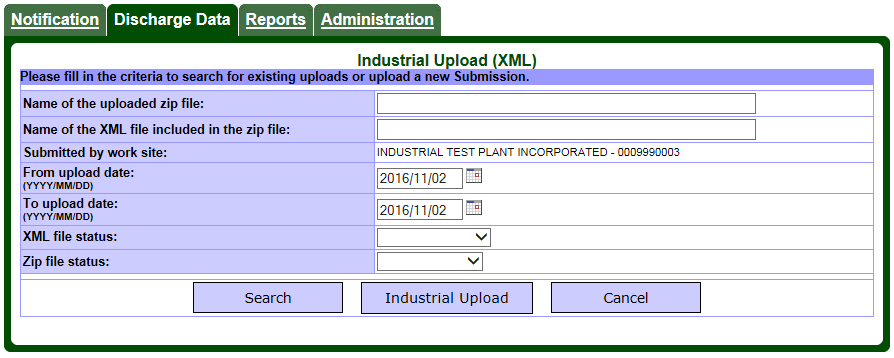 Screen capture of the Discharge Data – Industrial Upload (Extensible Markup Language) page.