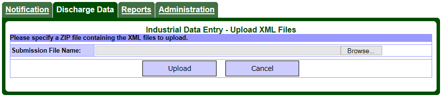 Screen capture of the Discharge Data – Industrial Upload (Extensible Markup Language) page (zip file selection).