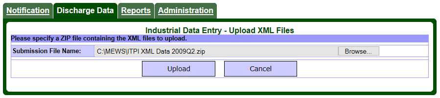 Screen capture of the Discharge Data – Industrial Upload (Extensible Markup Language) page (zip file selection) with file path displayed.