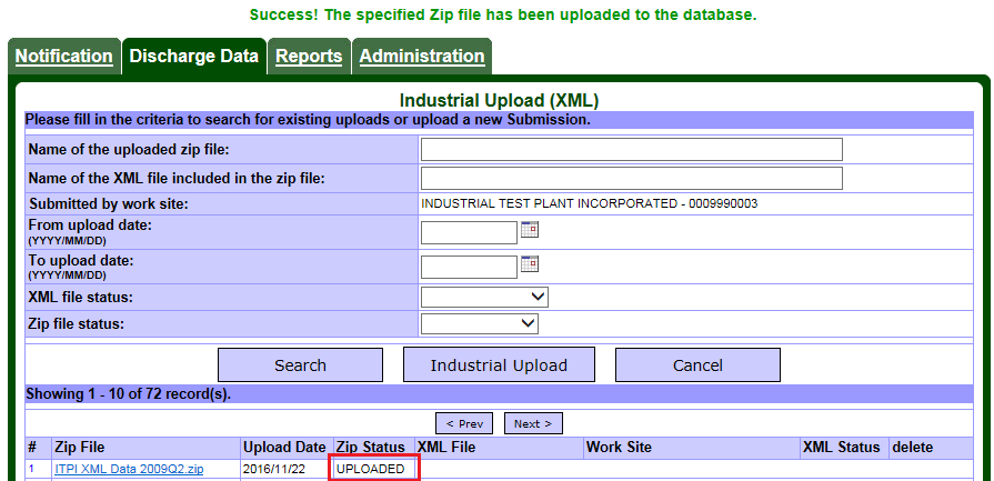Screen capture of the Discharge Data – Industrial Upload (Extensible Markup Language) page showing zip file status (uploaded).