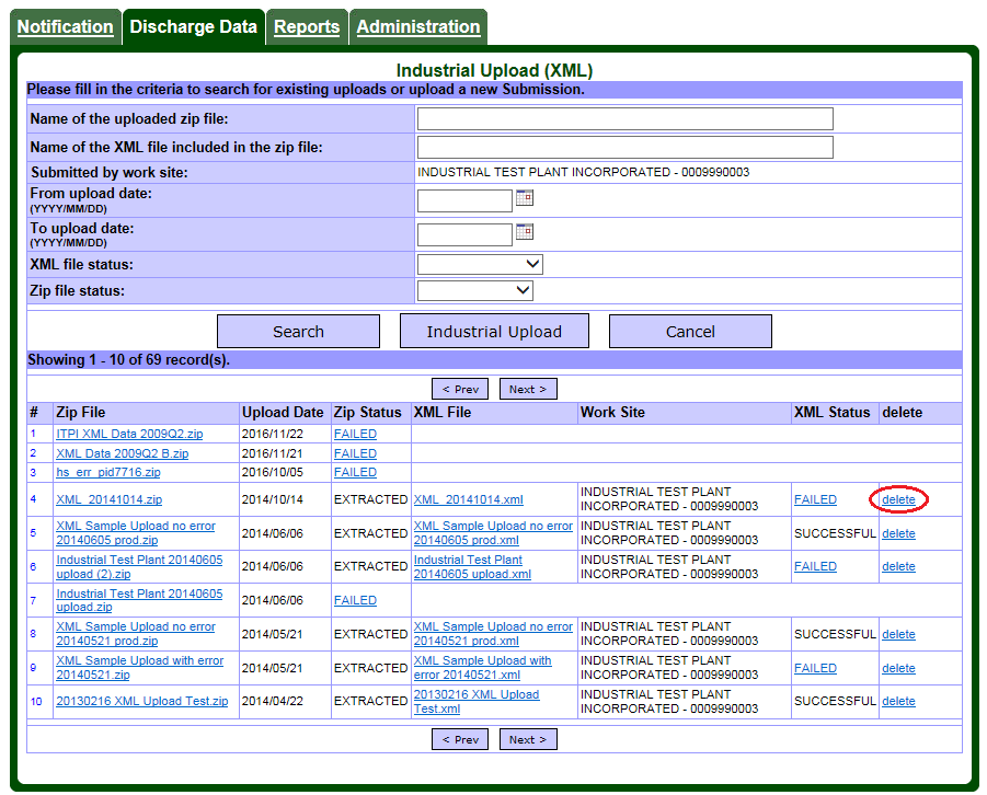 Screen capture of the Discharge Data – Industrial Upload (Extensible Markup Language) page showing the delete option for previously uploaded files.