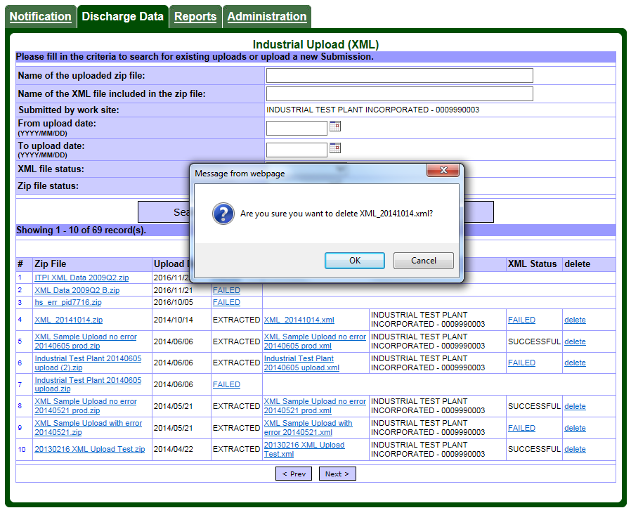 Screen capture of the Delete confirmation dialog box for a previously uploaded file.