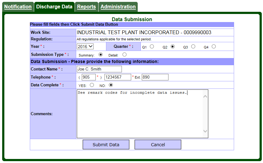 Screen capture of the Discharge Data – Data Submission page.