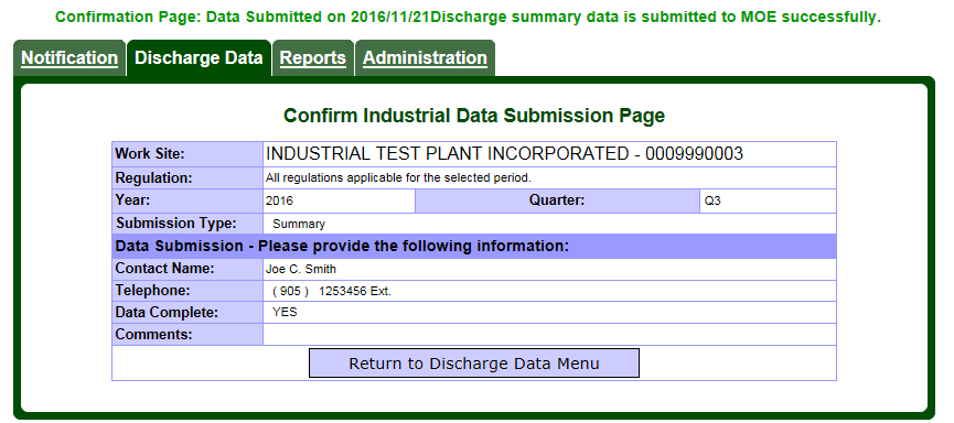 Screen capture of the Discharge Data – Submission Confirmation page.