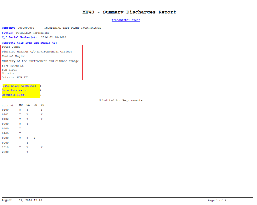 Screen capture of a Summary Discharges Report Transmittal Sheet showing correct and complete ministry contact information.